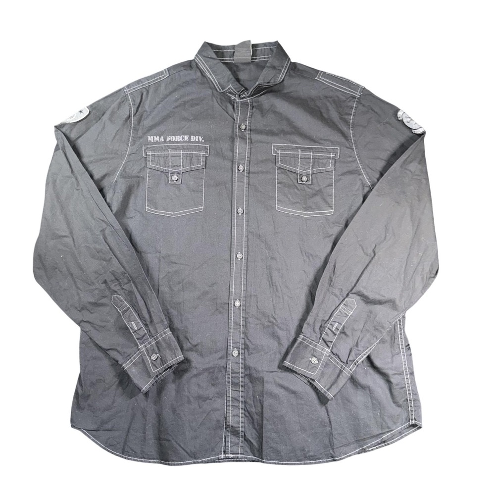 MMA Elite Shirt Mens 2XL Black Military Patch Button Down Band Collar Casual